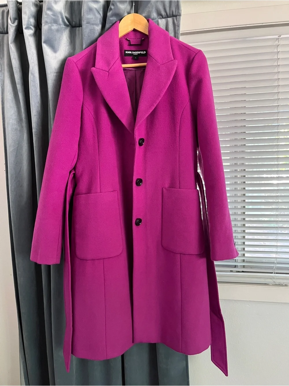 Karl Lagerfeld Paris Berry Purple Magenta Fuschia Wool Trench Pea Coat Designer